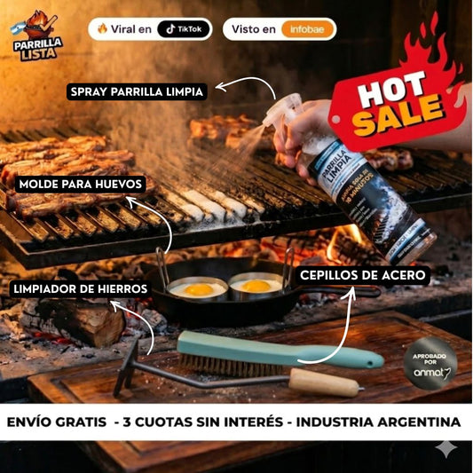 Combo Parrillero HOTSALE🔥 - Parrilla Limpia + Cepillo De acero + Limpiador de Hierro + Molde Para Huevos